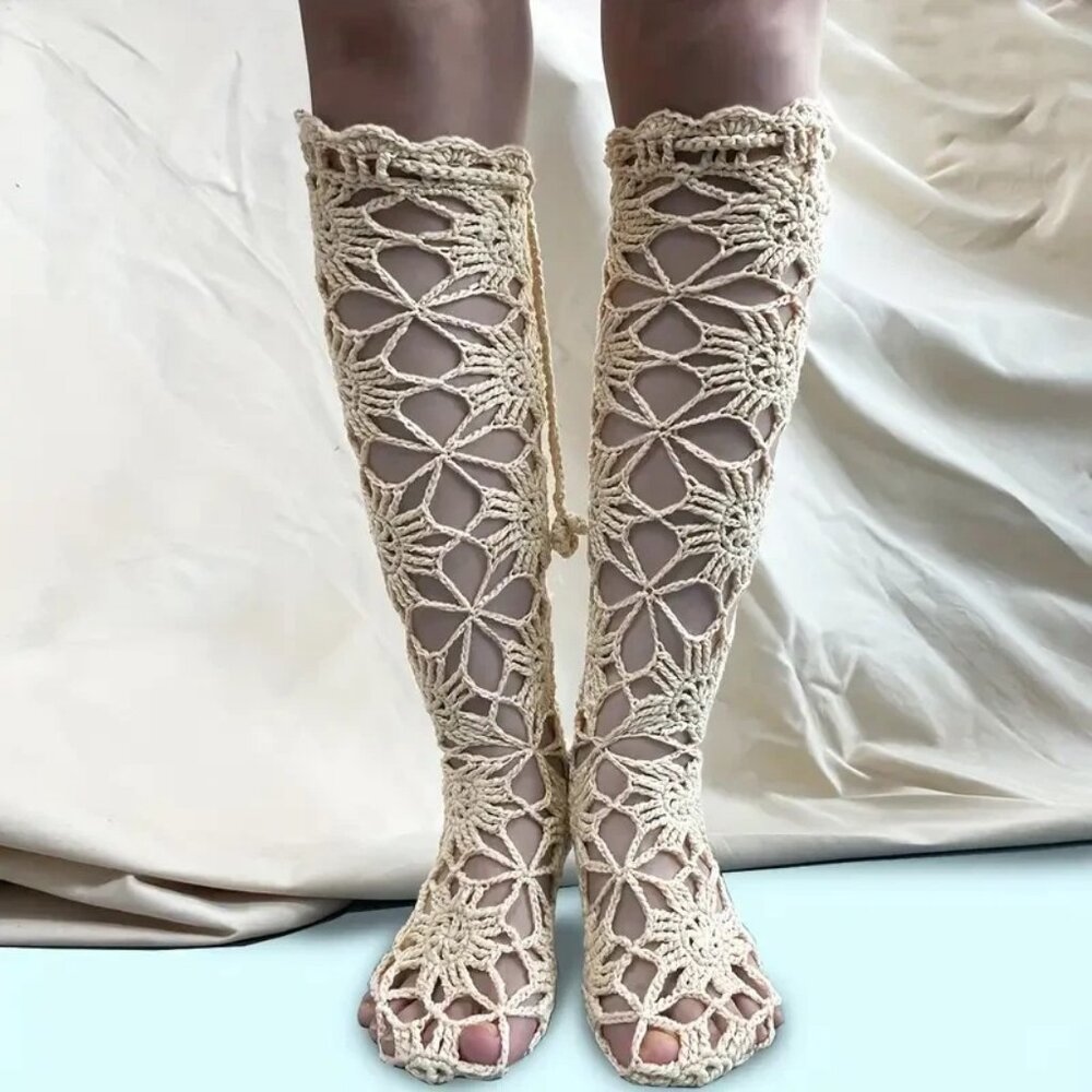 new Handmade Beige Floral Openwork Net Crochet Boho Socks